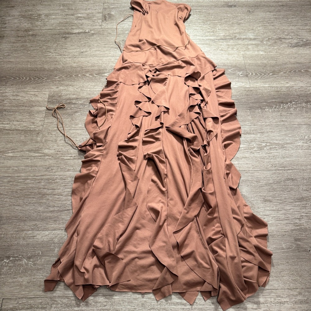 Like My Choice Maxi Dress Women M Mauve Brown Ruffle Lace Up Back Boho Romantic